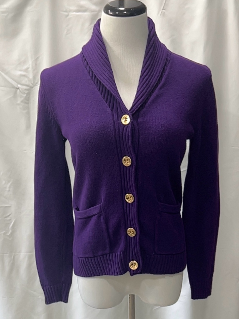 Lauren Ralph Lauren Women Purple Cotton Shawl Collar Cardigan Gold Buttons